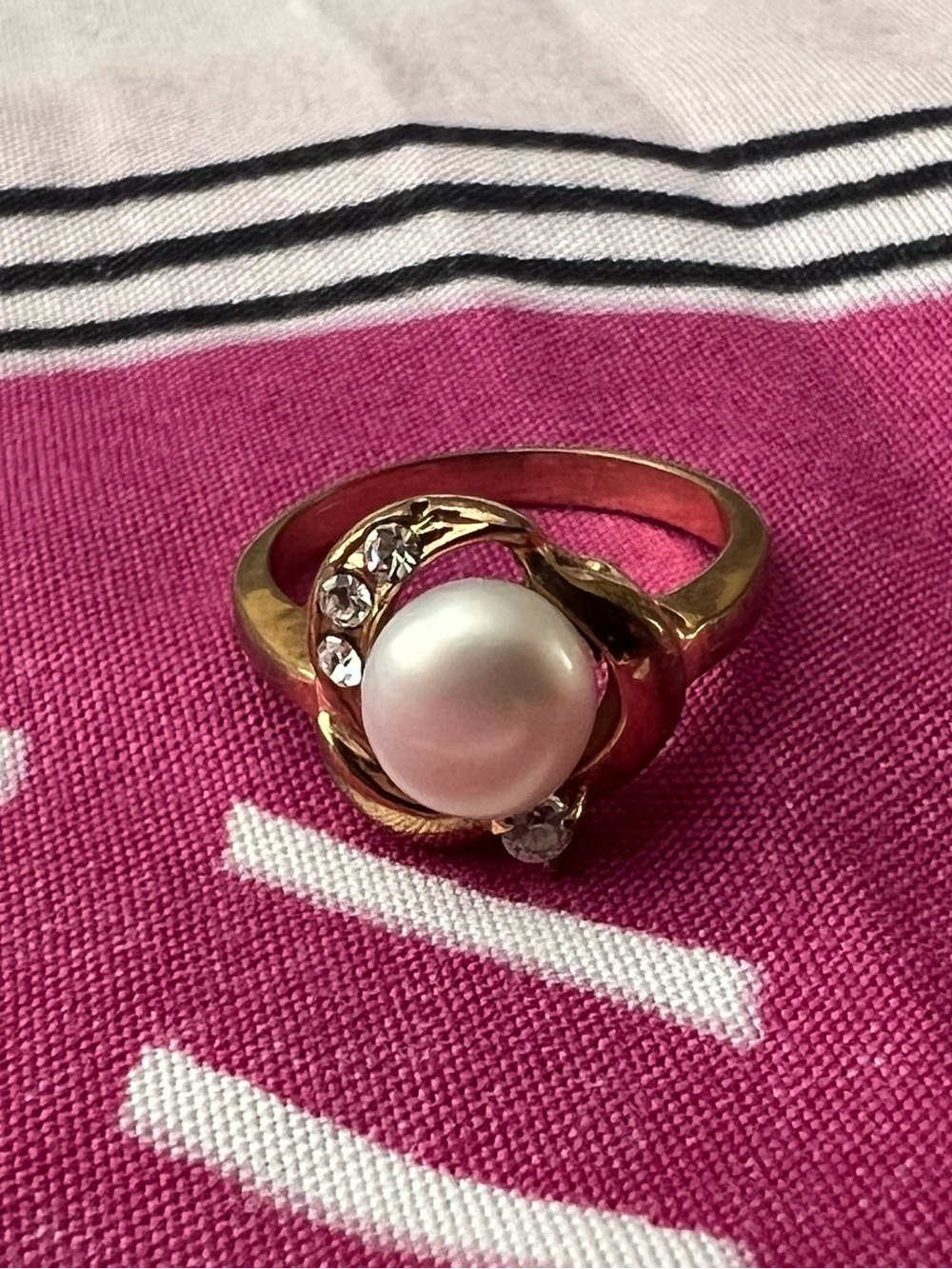 Gold Tone Pearl Ring with Clear Crystals - Elegant Women's Jewelry